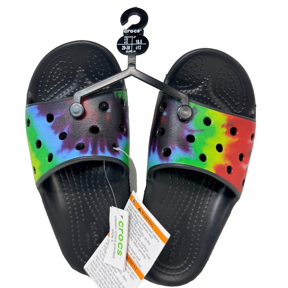 Crocs Classic Printed Slide K Kids Size 12 Black Tie Dye Rainbow Sandals NWT